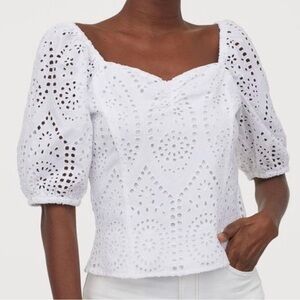 H&M White Eyelet Blouse with Puff Sleeves